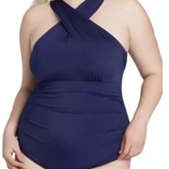 NWT Swim by Cacique Women's Navy Crossover One Piece Bathing Suit in Size 26 - Picture 1 of 11